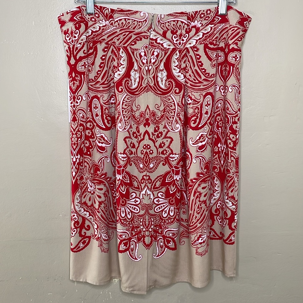 LIZ CLAIBORNE Skirt Red & Tan Paisley Paper Bag Waist Attached Belt Rayon - Picture 2 of 11